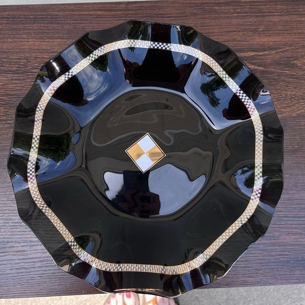 Black Glass Ruffle Bowl Gold White Checkered 11 Inch